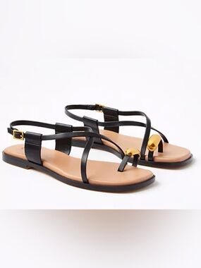 LOFT Black Strappy Sandals with Gold Accent and Nude Footbed